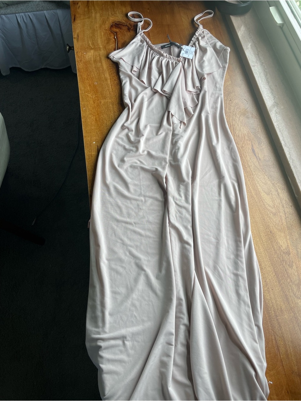 NWT Women’s Maxi Dress with Ruffle V-Neck - tan beige color Size M